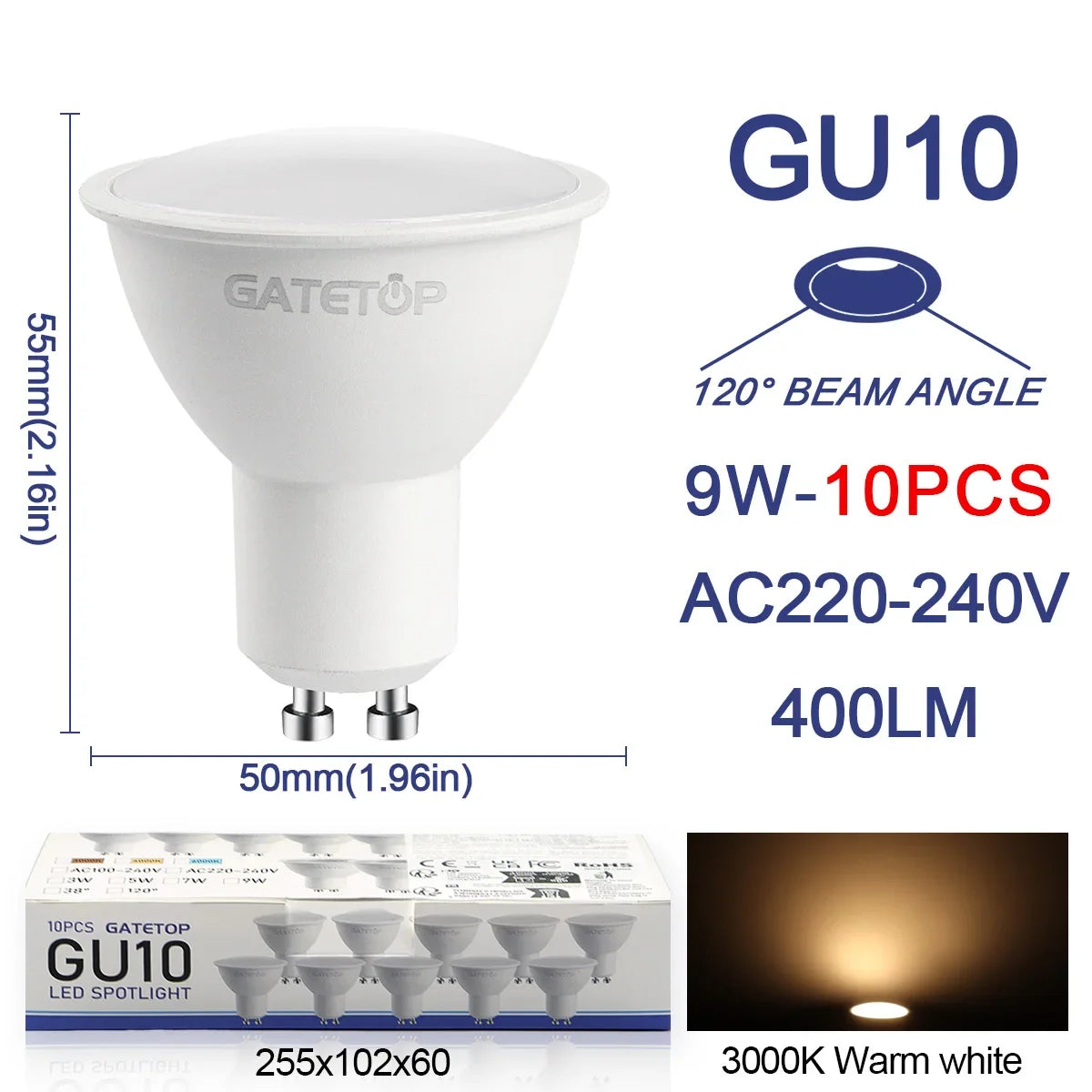 ampoules led gu10 9w blanc chaud 6000k moderne salon 3000k 4000k 25000h