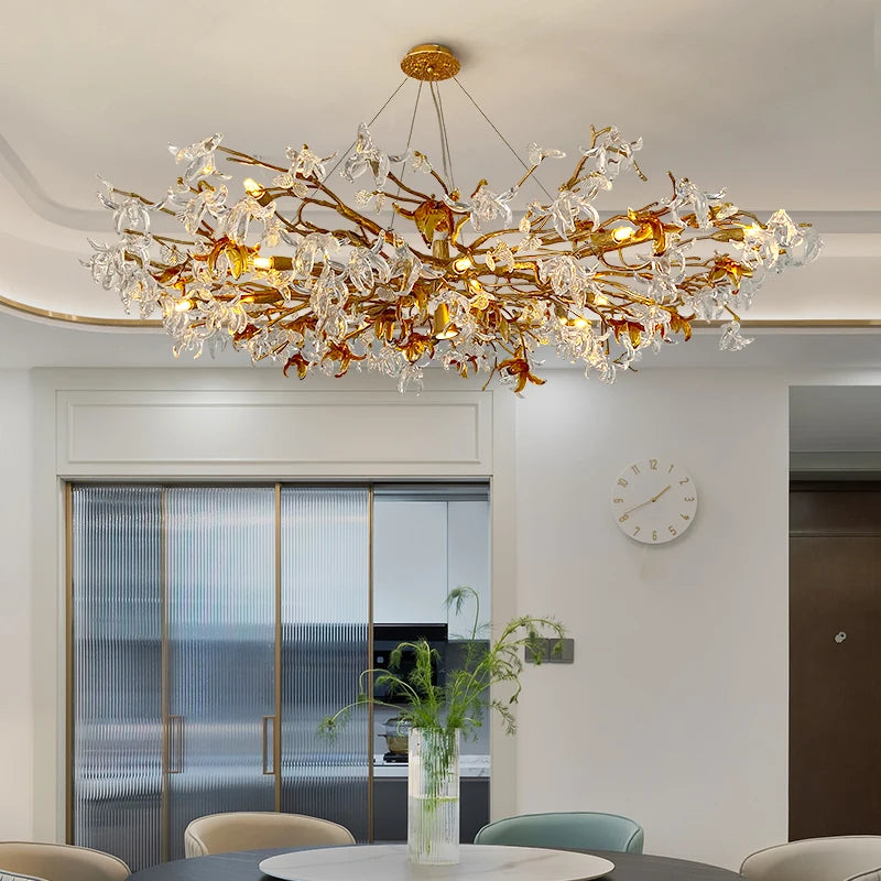 lustre cristal doré branches feuilles translucides moderne élégant suspension salon chambre luxe décoratif