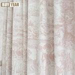 rideau rose clair vintage toile jouy classique opacité fenêtre pompons moderne