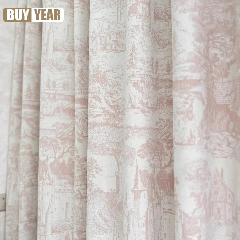 rideau rose clair vintage toile jouy classique opacité fenêtre pompons moderne
