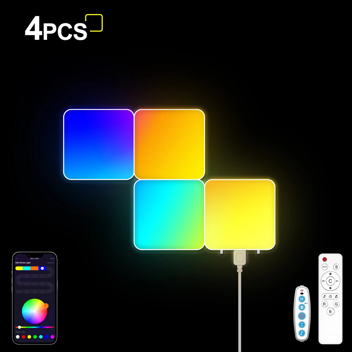 lampe led modulable multicolore pixel art télécommande adhésif contemporain minimaliste fixations inclusées