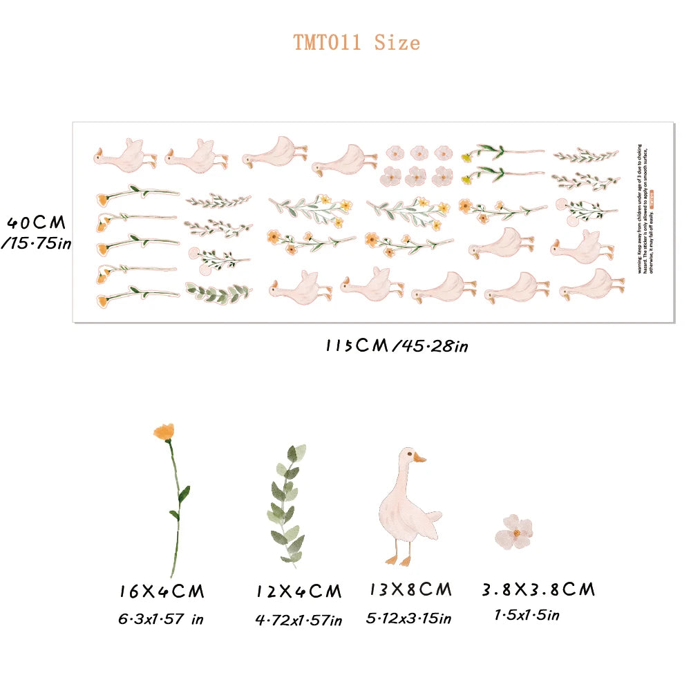 sticker mural oies fleurs enfants decoration aquarelle pastel lit bébé table chevet commode