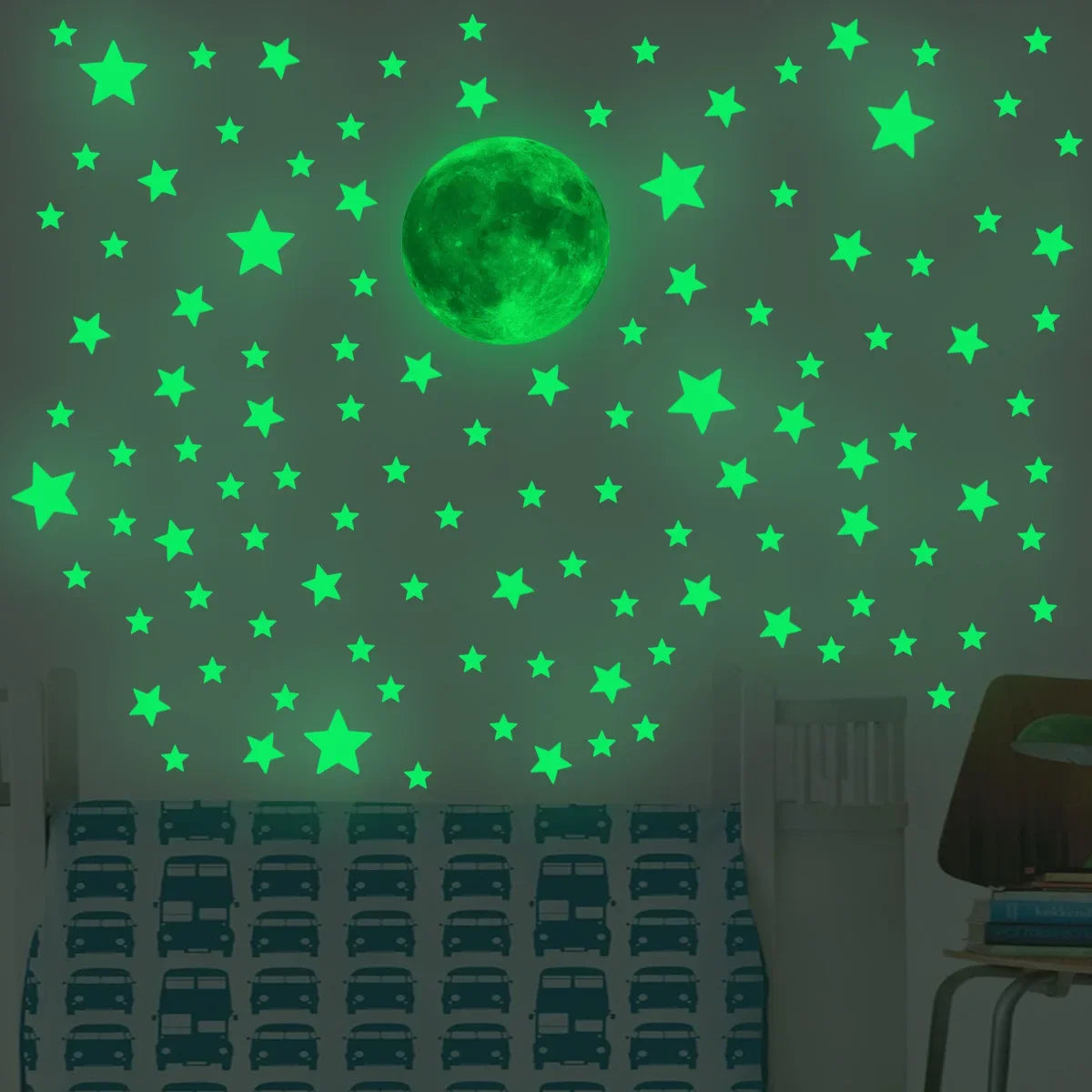 stickers muraux lumineux étoiles lune vert fluo moderne adhésifs chambre enfants 10 feuilles lune