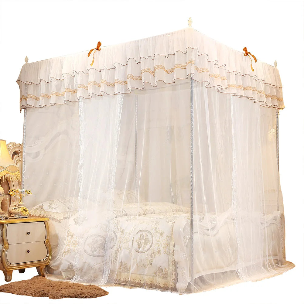 rideau lit blanc dentelle broderie dorée classique romantique transparent facile installer lavable machine