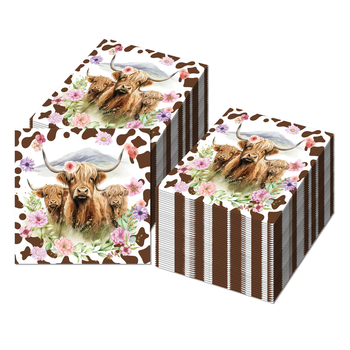 serviettes papier motif vache marron blanc rose violet vert anniversaire rustic floral