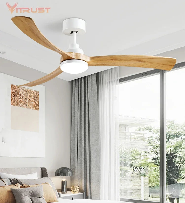 ventilateur bois led blanc noir moderne télécommande trois couleurs lames verre transparent