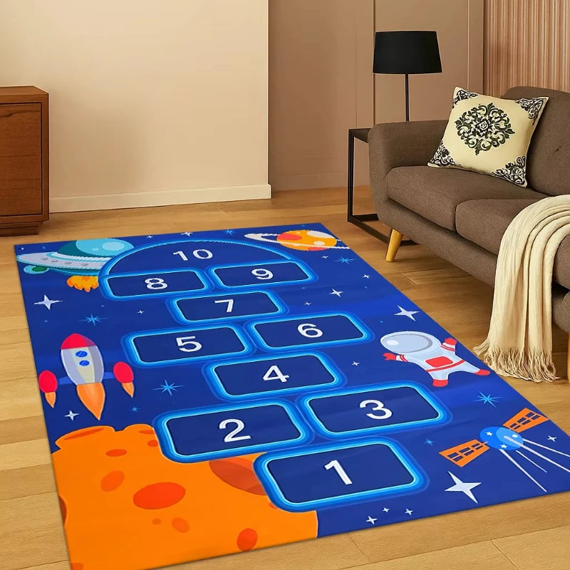 tapis enfant moderne rose clair bleu rouge jaune vert motif numéro empreinte pied lettres