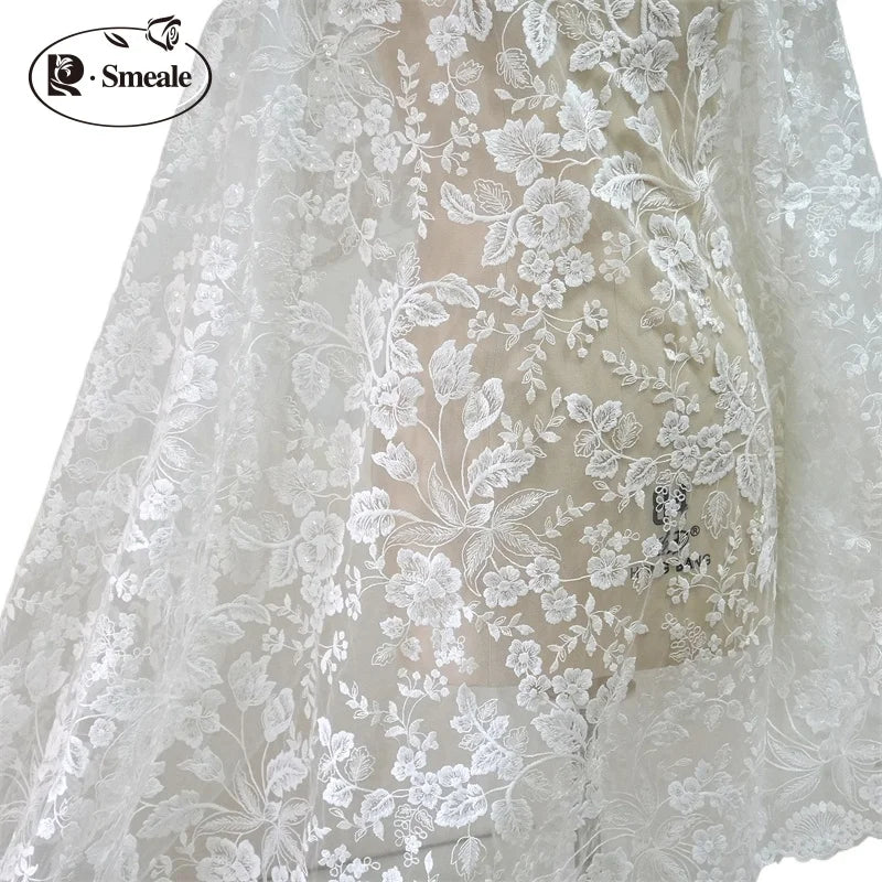 tissu dentelle floral brodé blanc translucide coton polyester bricolage robes mariage fournitures