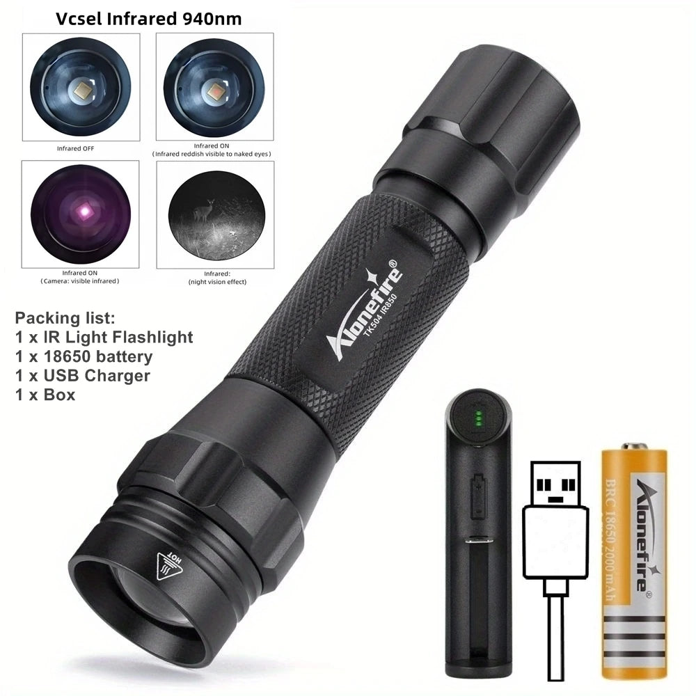 lampe torche noire infrarouge lumineuse intense résistante moderne tringle modes réglables