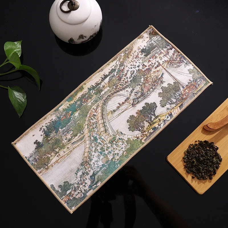 serviettes thé vert bleu beige peinture chinoise motifs floraux art traditionnel zipper cuisine