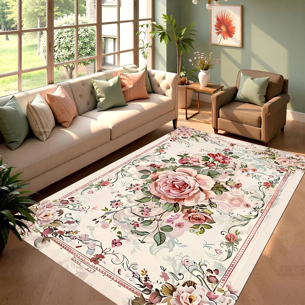 tapis floral classique fleurs roses feuilles tapis beige rose vert rouge salon chambreOpaque Aubusson