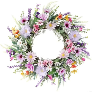 couronne fleurs artificielles 50cm violet rose blanc printemps floral champetre decoration exterieure vive colore