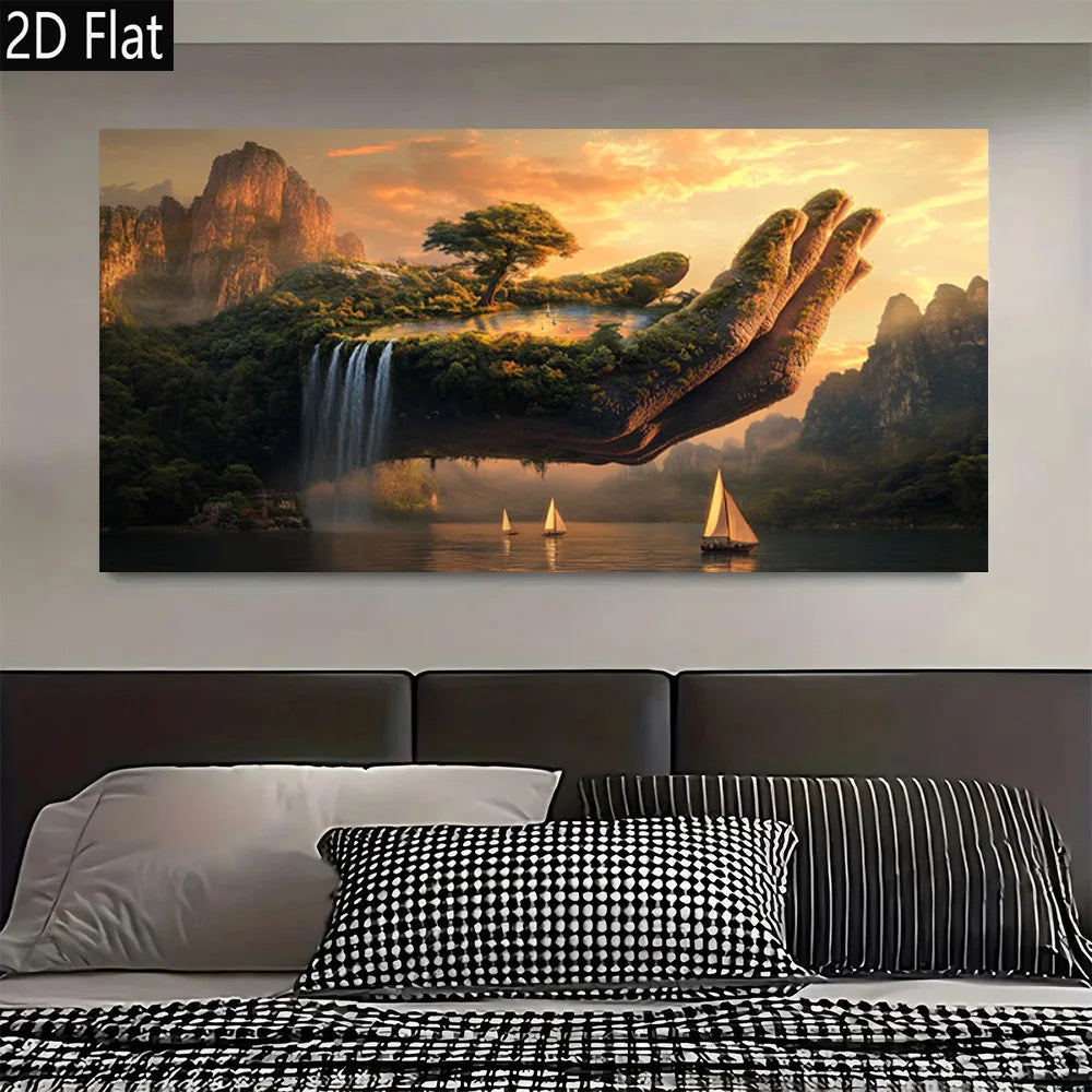 affiche murale paysage fantastique main géante îlot arbres cascades bateau coucher soleil abstraite multicolore