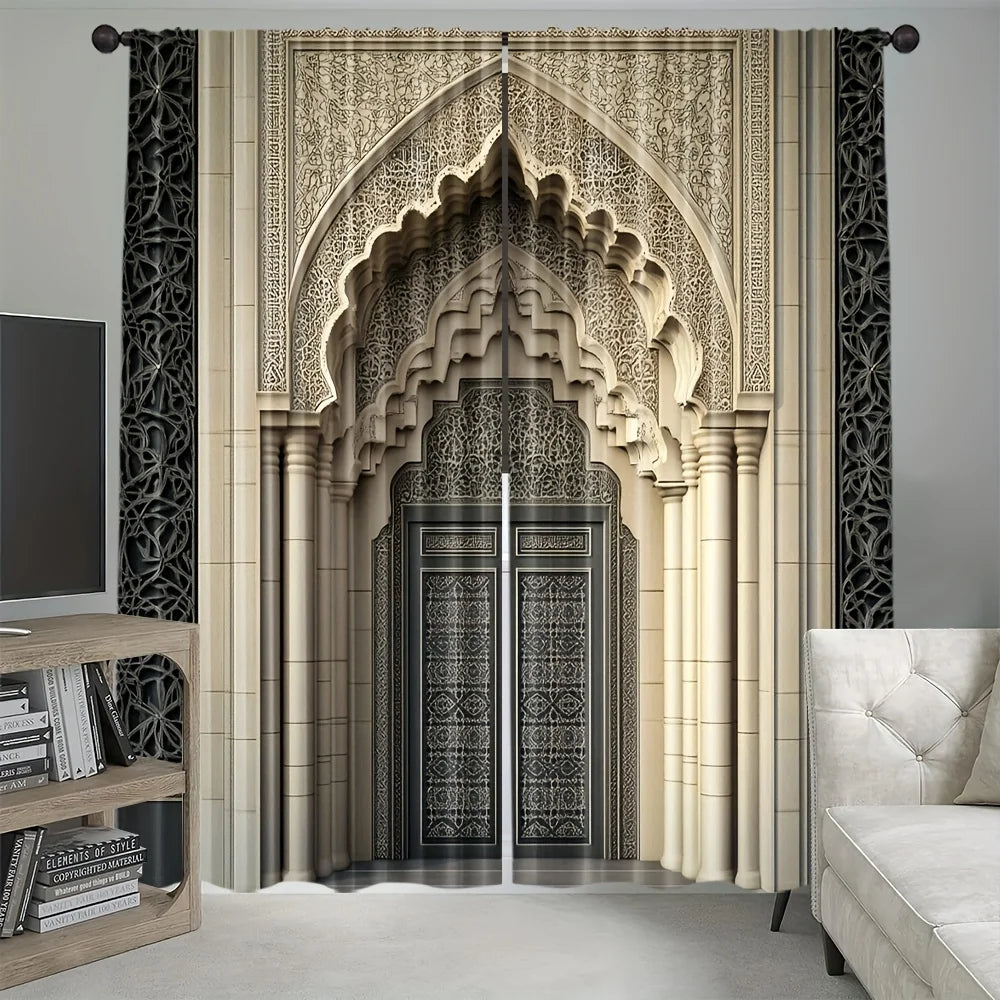 rideaux arc marocain motif architectural beige clair noir gris décoration maison islamique decoration opaque