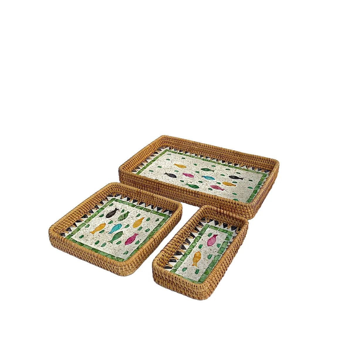 ensemble assiettes décoratives rotin motifs floraux boho rustique beige vert bleu blanc