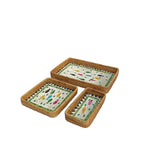 ensemble assiettes décoratives rotin motifs floraux boho rustique beige vert bleu blanc