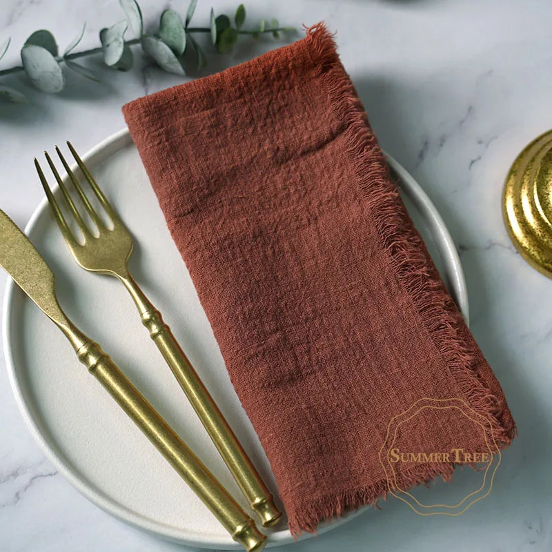 serviettes cuisine rustiques coton noir orange beige blanc rose pâle franges rustic naturel
