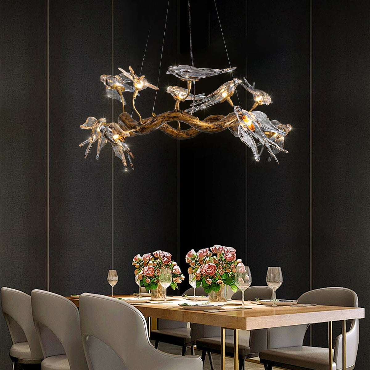 lampe suspendue transparente branches dorées oiseaux verre moderne naturel chambre hall étude