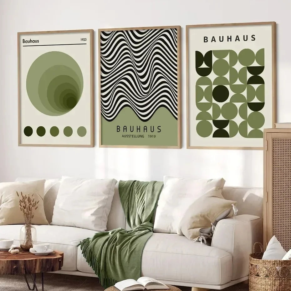 affiche art minimaliste peinture abstraite géométrique vert olive cadre bois décoration murale salon