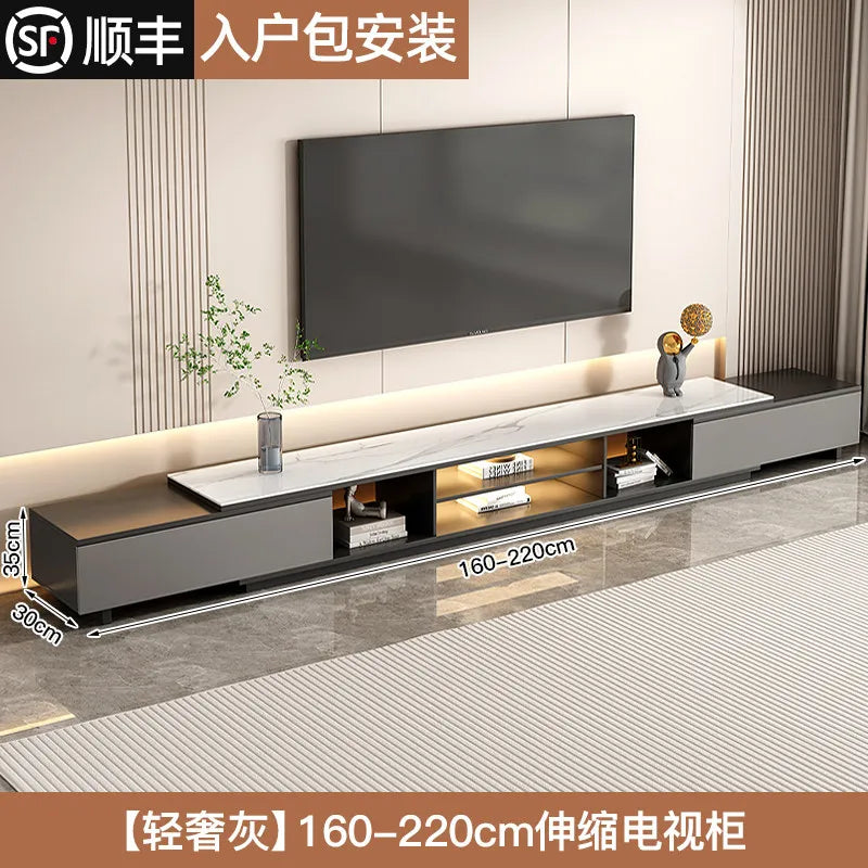 meuble tv moderne gris blanc marbre tiroirs rangement salon