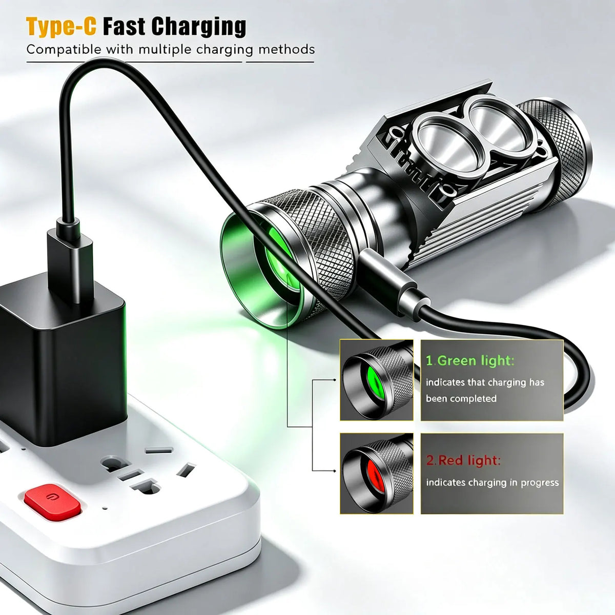 lampe frontale led noire jaune camping pêche randonnée course nuit bande élastique usb type