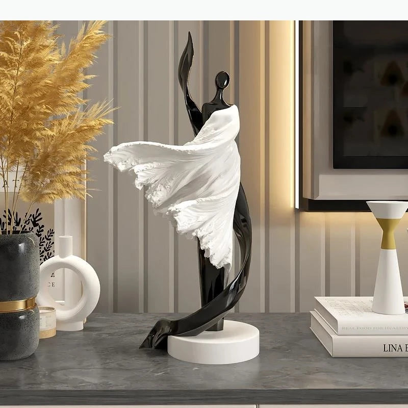 statue abstraite contemporaine noir doré blanc bleu base plate moderne minimaliste ornement décoration