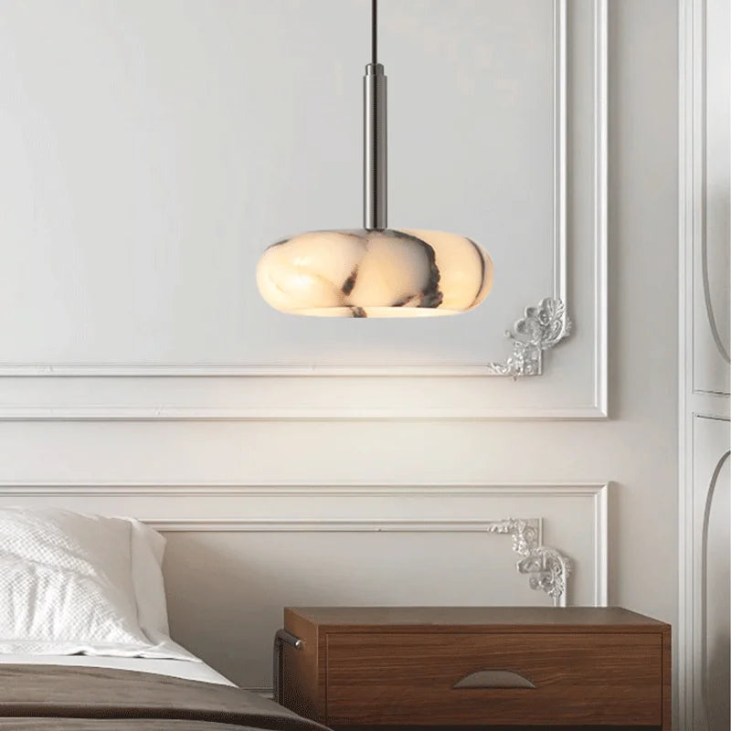 suspension lumineuse moderne pierre marbrée veines argentées semi translucide led 12w chambre salon