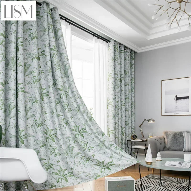 rideau occultant moderne blanc vert motif floral feuilles fenêtre salon chambre maison