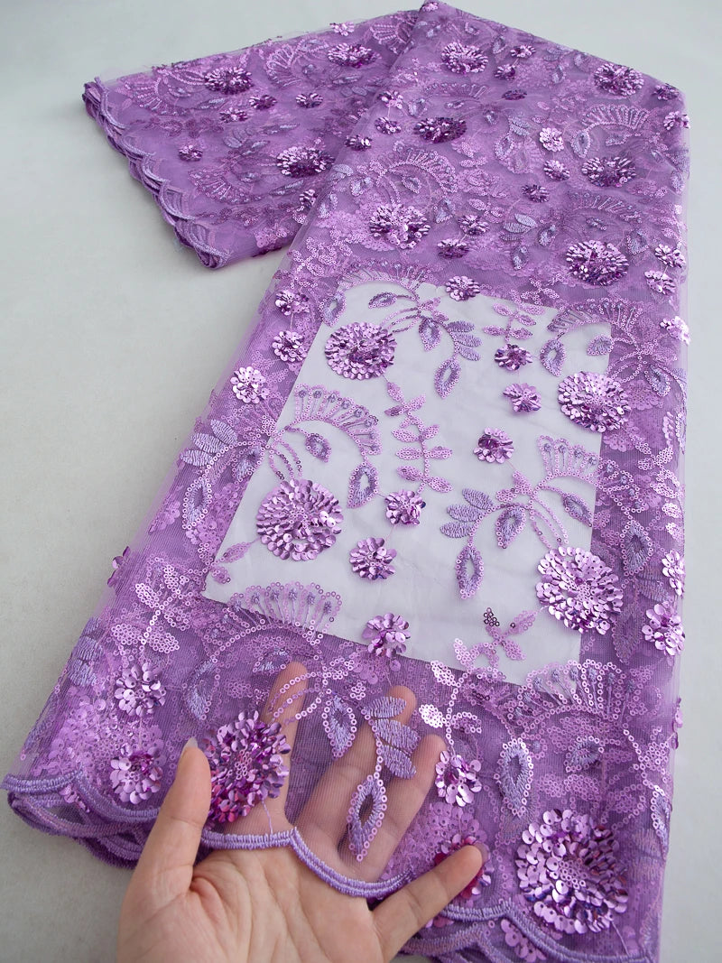 tissu brodé sequins dentelle polyester coton mariage robe cérémonie élégante floral violet rouge