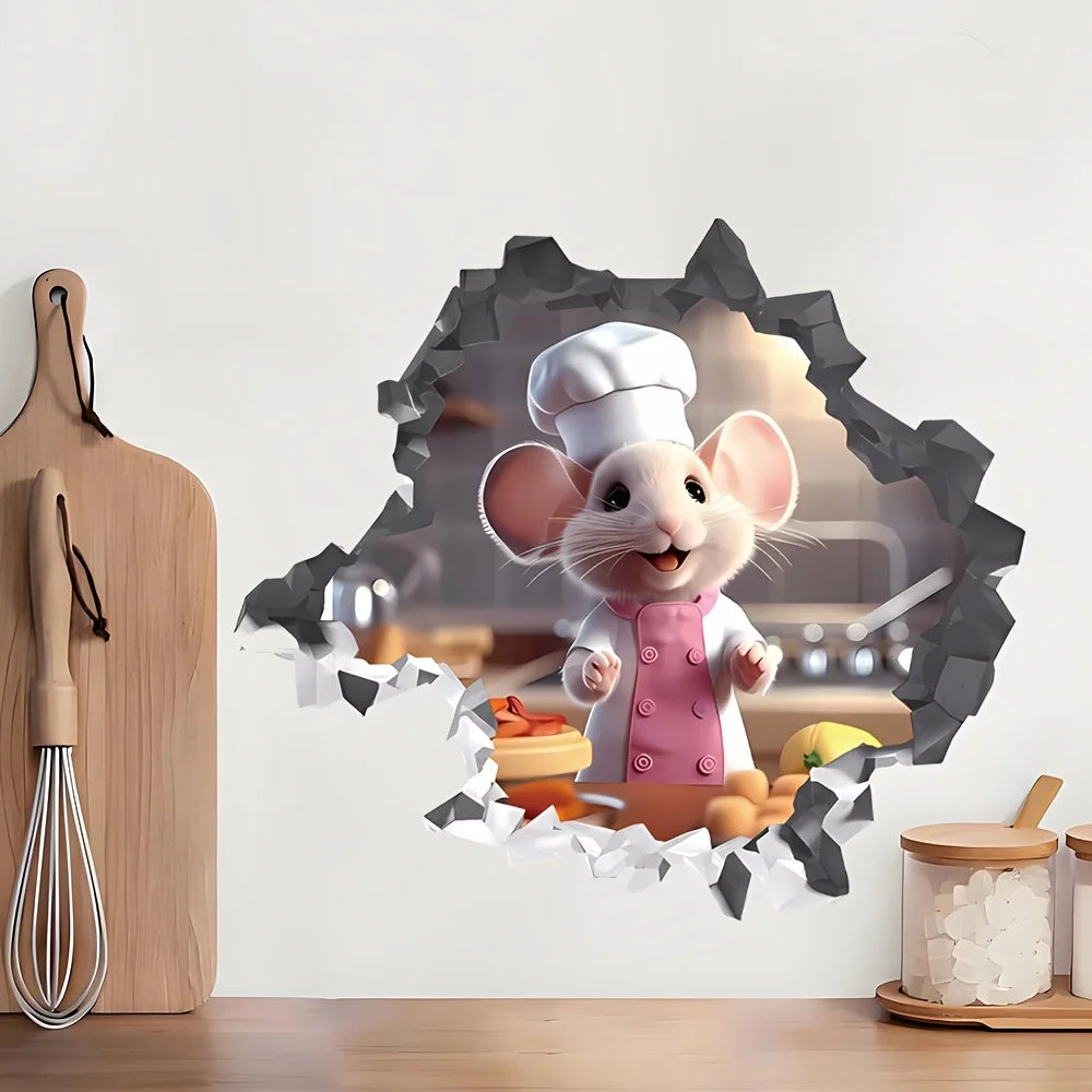 autocollants murals souris cuisine cartoon fromage légumes ustensiles pvc résistants blanc beige gris
