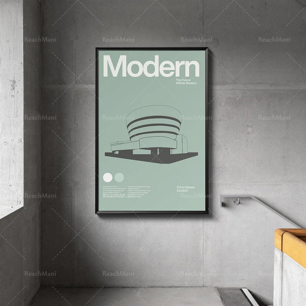 affiche moderne graphique minimaliste noir blanc vert clair contemporaine building abstraite toile cadre vertical