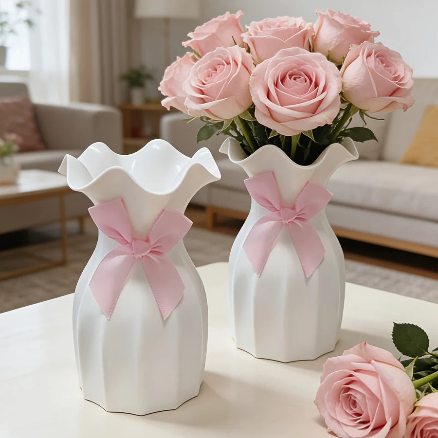 vase decoratif moderne texturé ondulé fleurs artificiels rubans rose salon