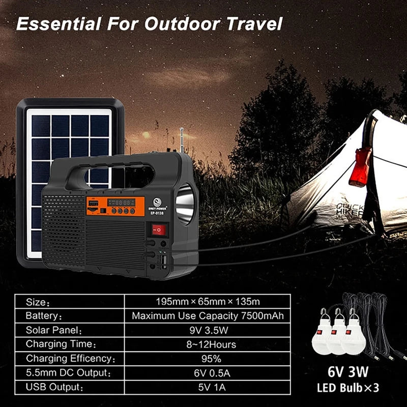 lampe poche portable système solaire rechargeable panneau solaire haut parleur radio fm bluetooth usb
