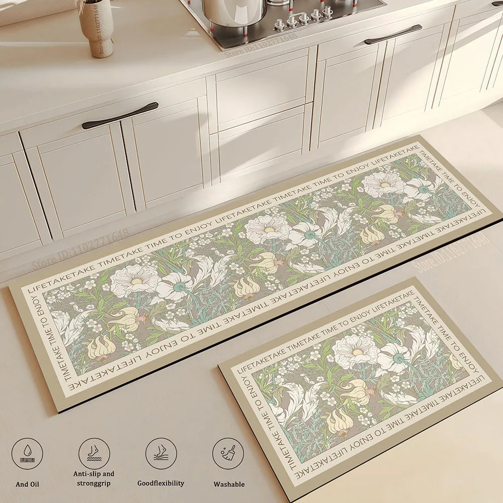 tapis cuisine antidérapant doux lavable motif floral beige rose vert gris sol maison