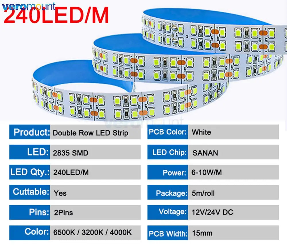 ruban led flexible smd 2835 blanc neutre moderne 480 diodes mètre 12v 24v dc