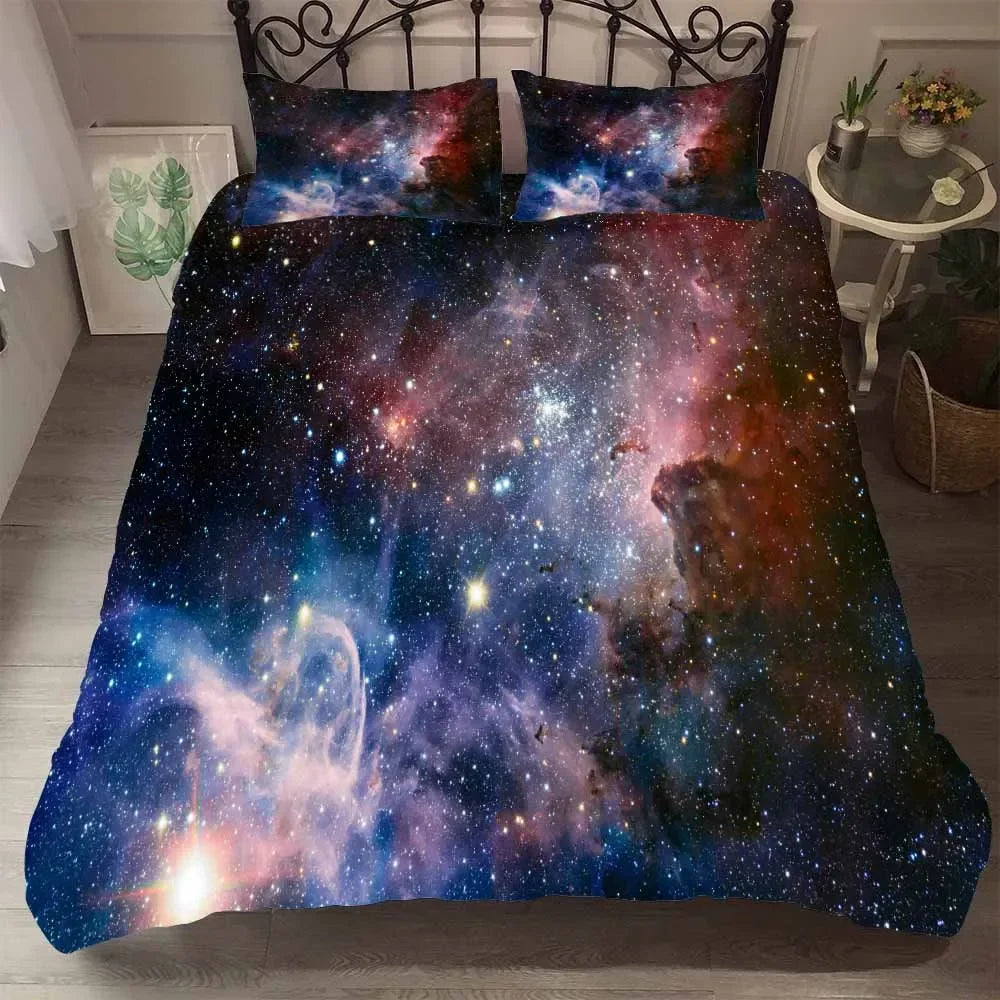 Détail de l'impression galaxie 3D sur la housse de couette