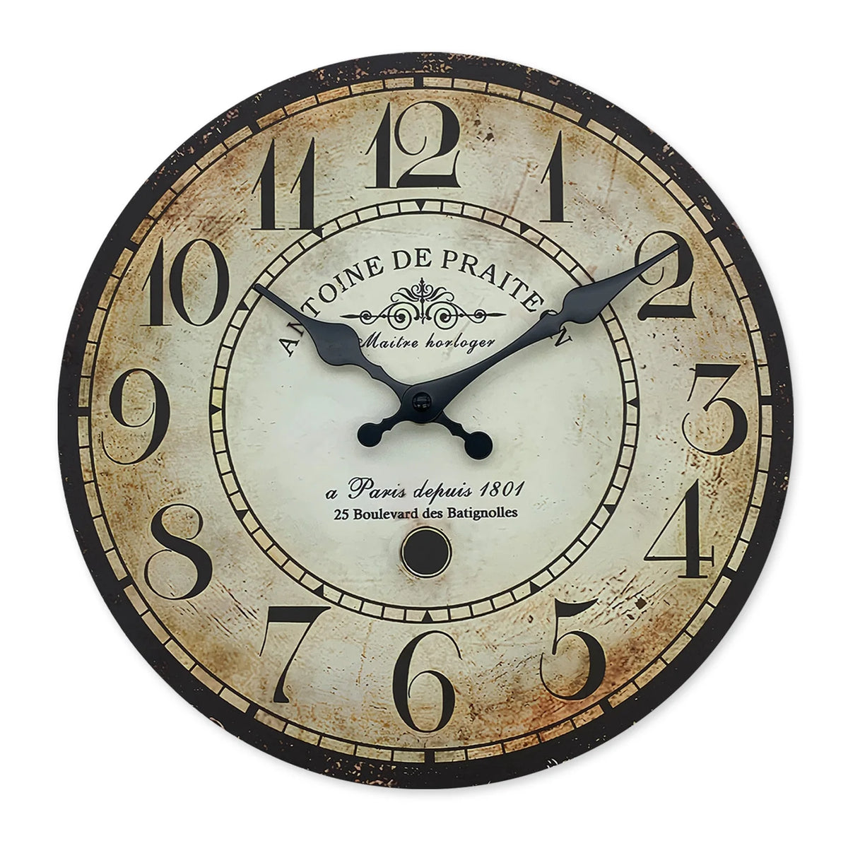 horloge murale vintage bois blanc noir numéros 12 texte historique 10 12 14 16