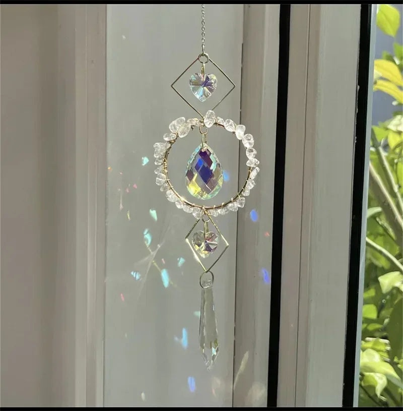 suspension décorative cristal transparent vert violet doré cristaux artisanale élégante jardin intérieur