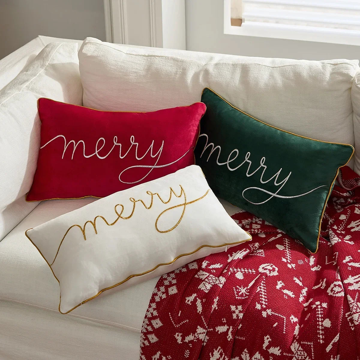 housse coussin brodée lettres noël velours polyester 30x50cm festive decoration voiture