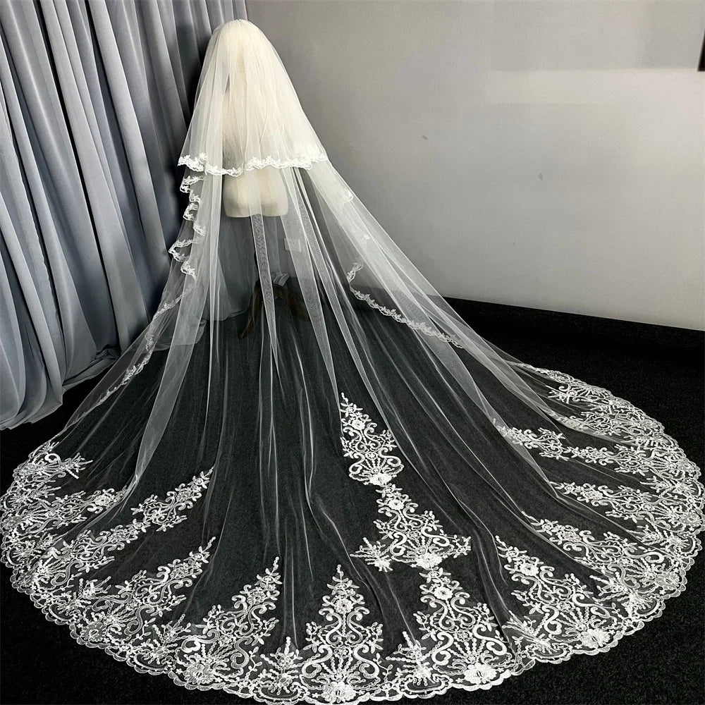 voile mariée deux couches blanc broderie florale bord dentelle classique 3m translucent