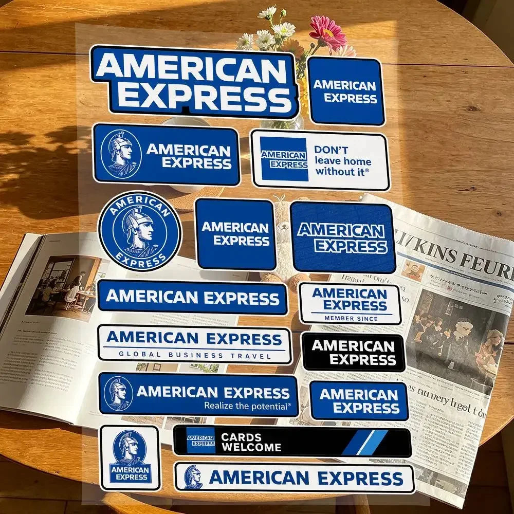 stickers american express vintage adhésifs bleu blanc rouge marron transparents motifs logos