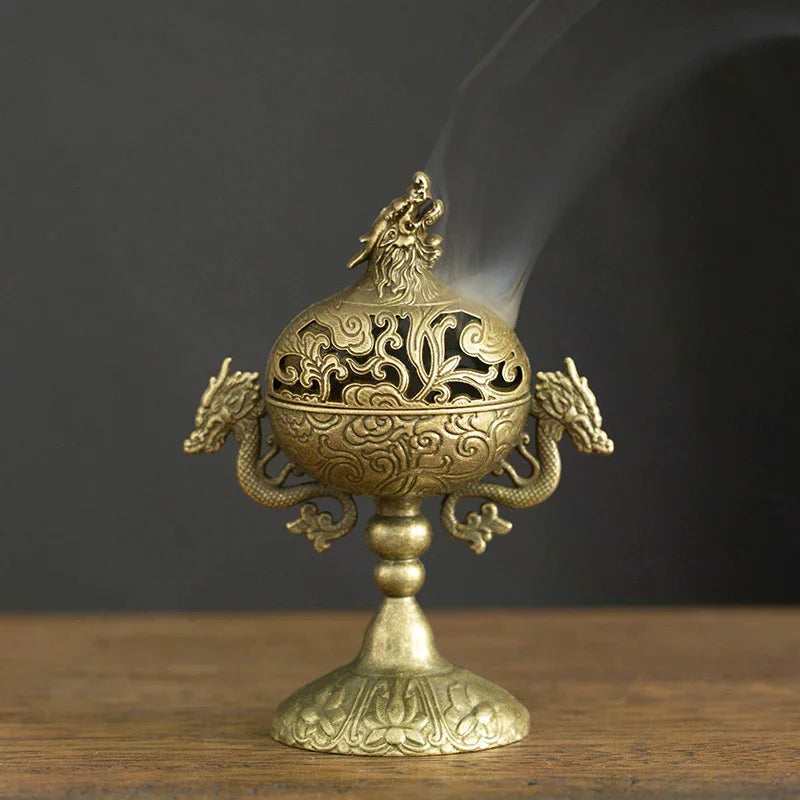 brûleur encens censer métal bronze argent motif tigre lion floral décoration intérieure artisanal