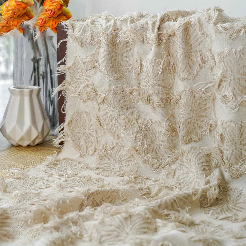 tissu bohème coton crème feuilles relief plaid décoration automne hiver rustic chic brocart Jacquard