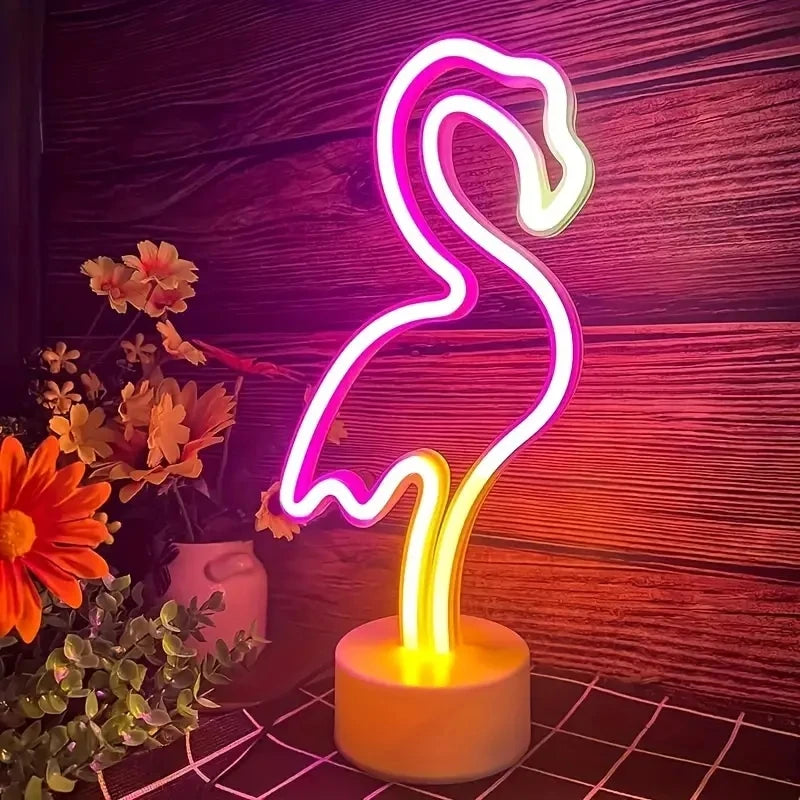 lampe néon flamant rose stylisé moderne interrupteur usb batterie vacances chambre deco