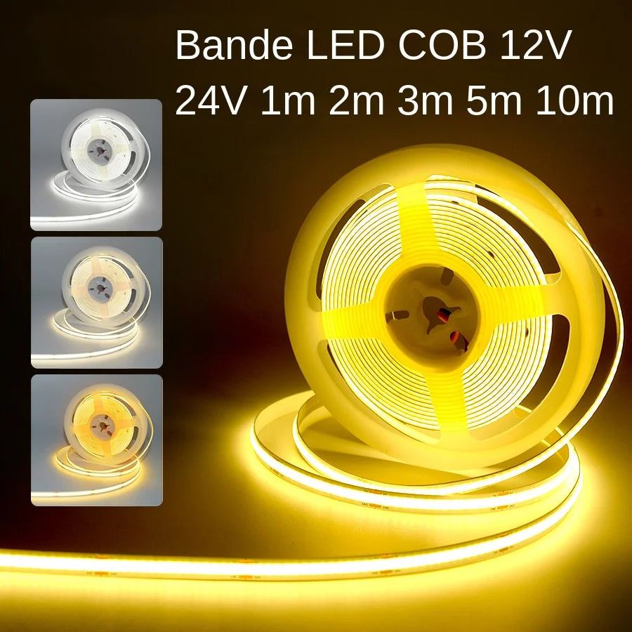 bande led cob 12v 24v blanc 4500k moderne adhésif haute luminosité 320led/m 50000heures