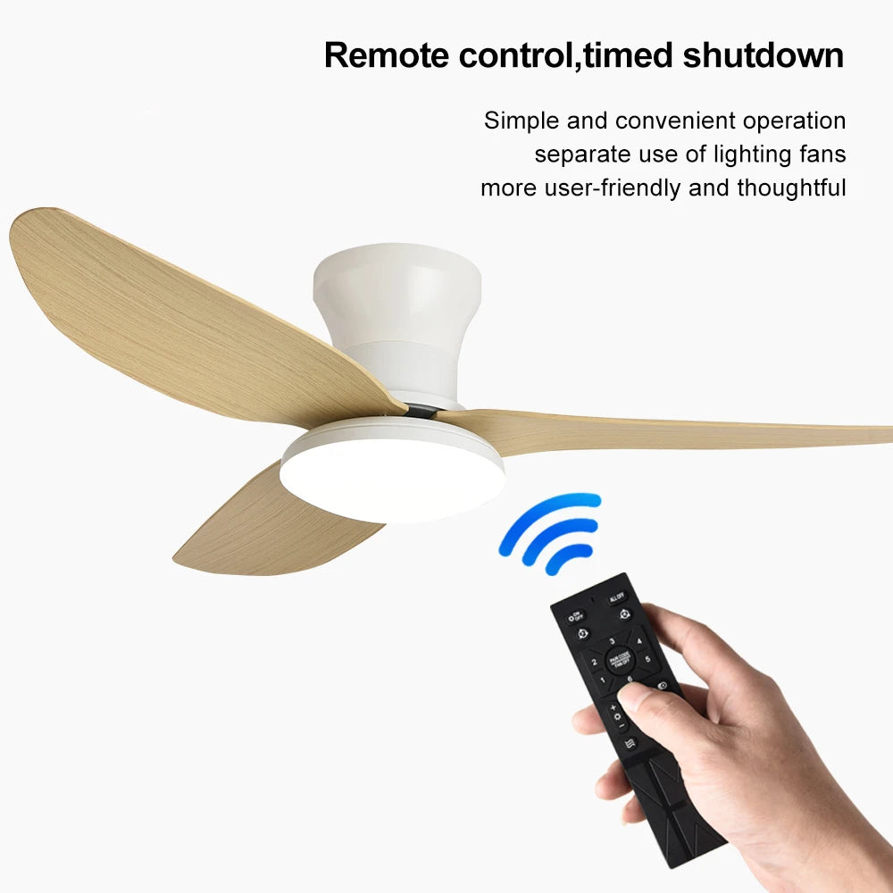 ventilateur moderne blanc bois clair noir lampe intégrée télécommande lames bois naturel finition mate