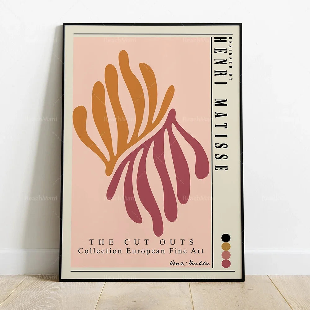 L'affiche promotionnelle présente une illustration abstraite avec des formes ondulées en différentes nuances d'orange et de rose sur un fond clair. Le texte indique qu'il s'agit d'une collection d'art européen intitulée "The Cut Outs" de l'artiste Henri Matisse.
