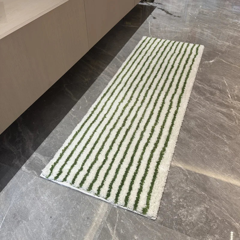 tapis salle bain blanc vert moderne antidérapant coton rayures absorbant doux