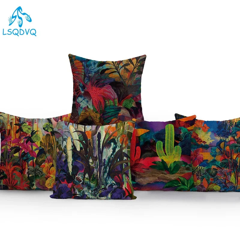 coussin décoratif carré motif jungle tropicale fleurs cactus moderne canapé salon maison multicolore