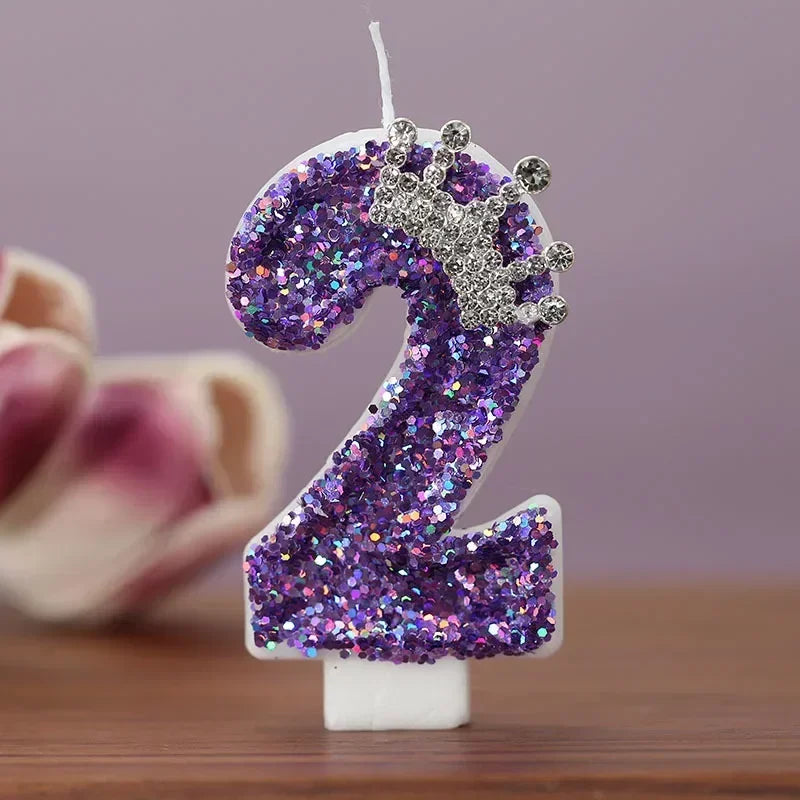 bougies anniversaire chiffres violet paillettes décoratives brillantes gâteau princesse festive